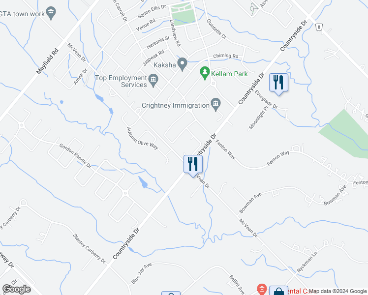 map of restaurants, bars, coffee shops, grocery stores, and more near 24 Adonis Close in Brampton