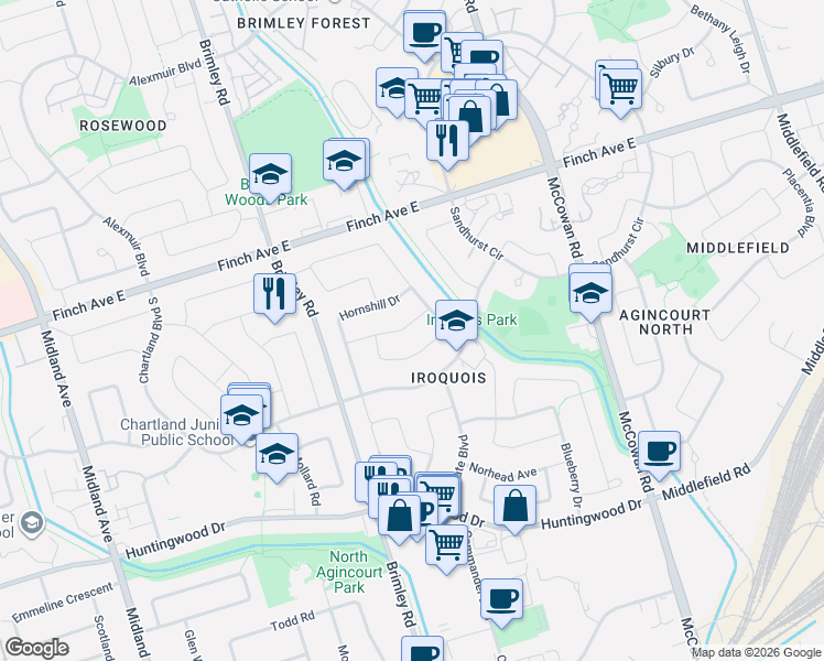 map of restaurants, bars, coffee shops, grocery stores, and more near 23 Pipers Green Avenue in Toronto