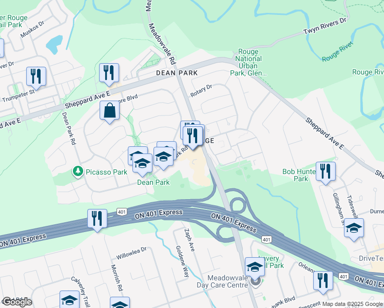 map of restaurants, bars, coffee shops, grocery stores, and more near 30 Dean Park Road in Toronto