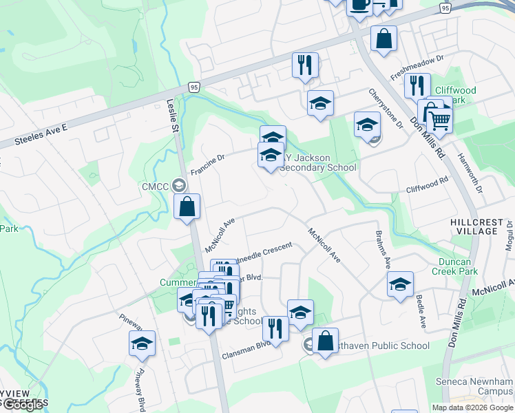 map of restaurants, bars, coffee shops, grocery stores, and more near 50 McNicoll Avenue in Toronto