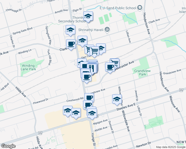 map of restaurants, bars, coffee shops, grocery stores, and more near 7181 Yonge Street in Markham