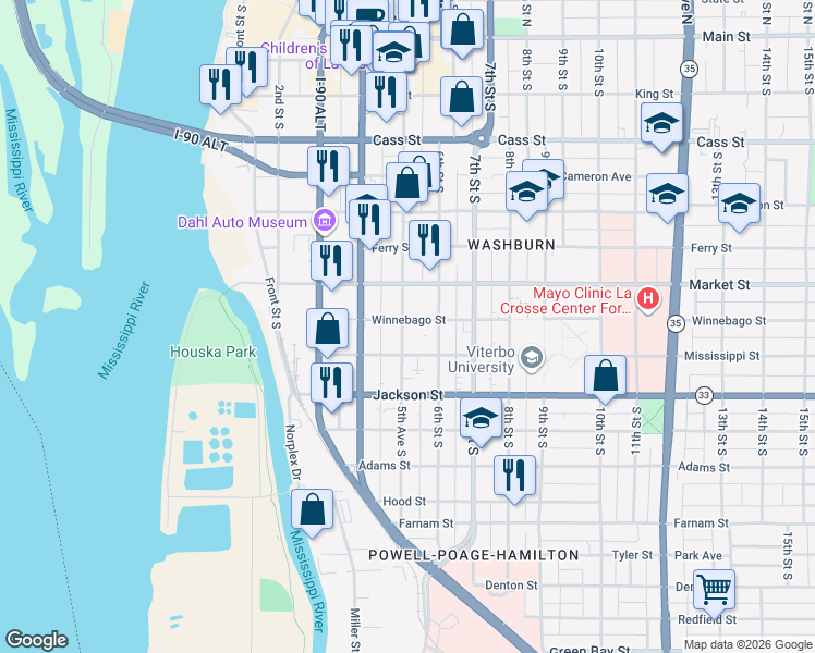 map of restaurants, bars, coffee shops, grocery stores, and more near 919 5th Avenue South in La Crosse