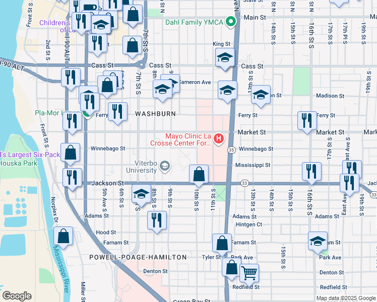 map of restaurants, bars, coffee shops, grocery stores, and more near 936 Franciscan Way in La Crosse