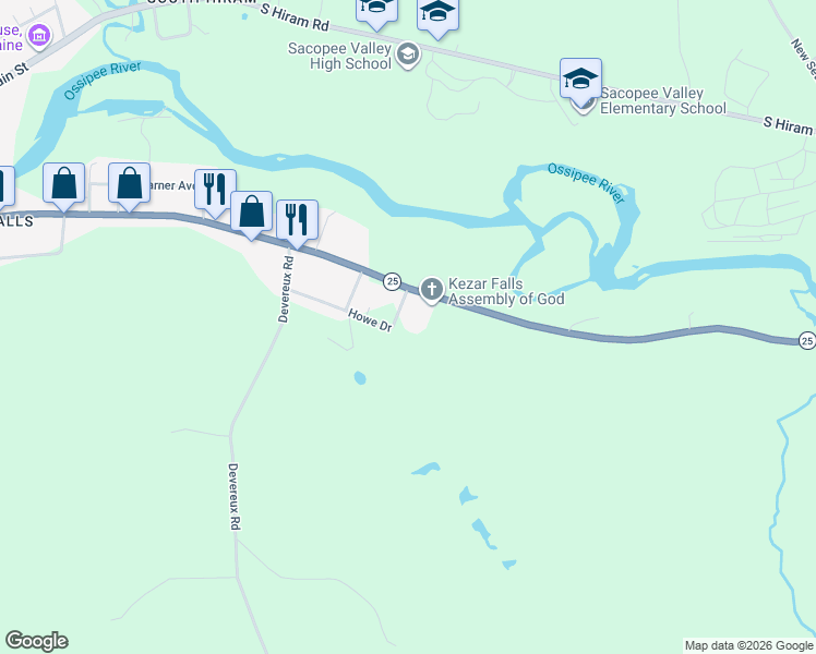 map of restaurants, bars, coffee shops, grocery stores, and more near 25 Howe Drive in Parsonsfield