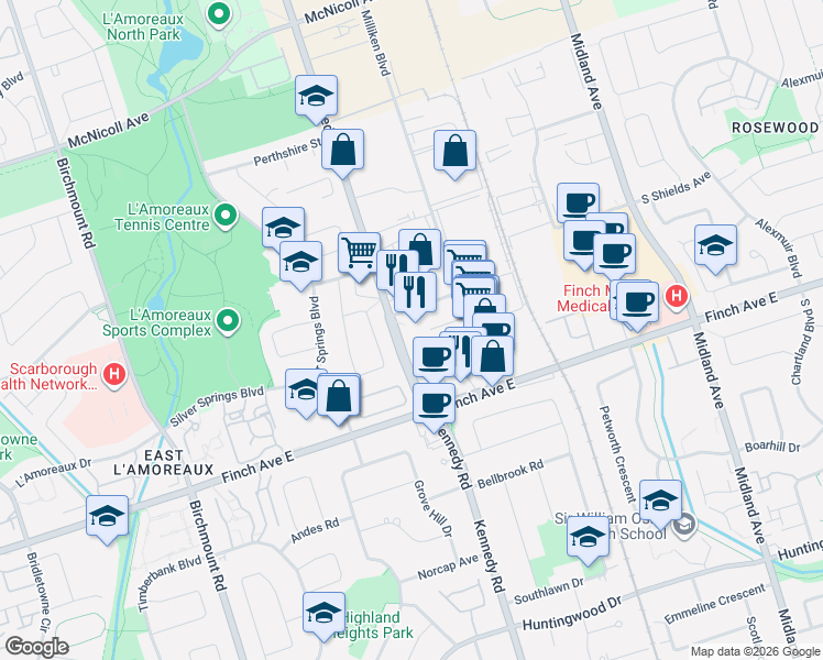 map of restaurants, bars, coffee shops, grocery stores, and more near 2901A Kennedy Road in Toronto