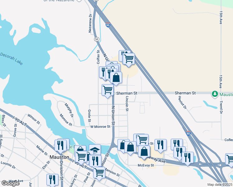 map of restaurants, bars, coffee shops, grocery stores, and more near 521 Lincoln/410 Sherman in Mauston