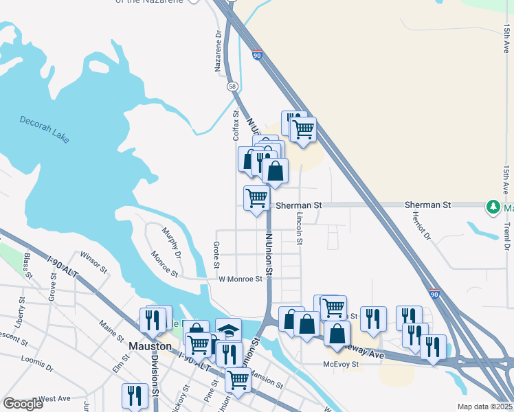 map of restaurants, bars, coffee shops, grocery stores, and more near 509 North Union Street in Mauston