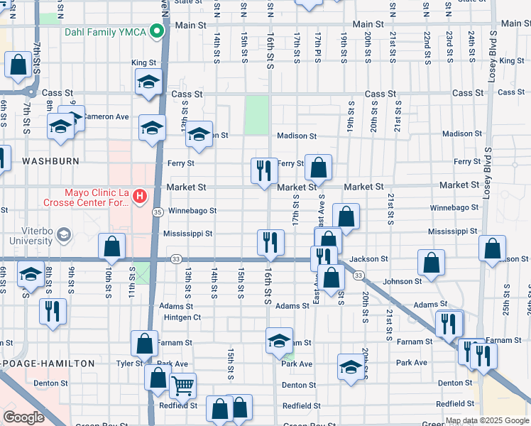 map of restaurants, bars, coffee shops, grocery stores, and more near 814 16th Street South in La Crosse