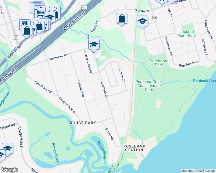 map of restaurants, bars, coffee shops, grocery stores, and more near 1026 Moorelands Crescent in Pickering
