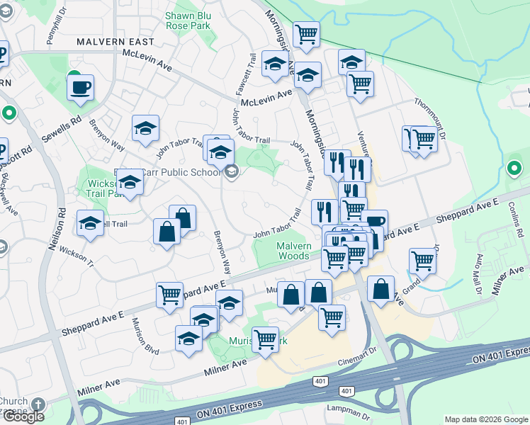 map of restaurants, bars, coffee shops, grocery stores, and more near 18 Camberley Court in Toronto