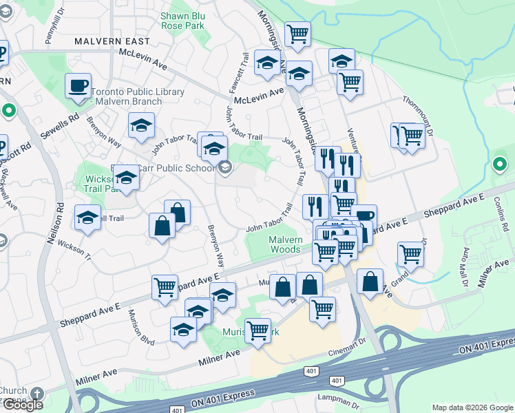 map of restaurants, bars, coffee shops, grocery stores, and more near 18 Camberley Court in Toronto