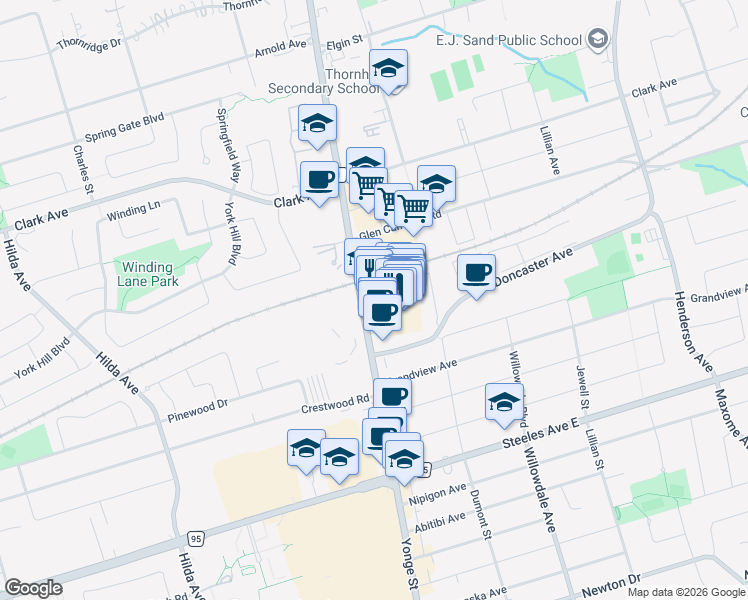 map of restaurants, bars, coffee shops, grocery stores, and more near 7181 Yonge Street in Markham