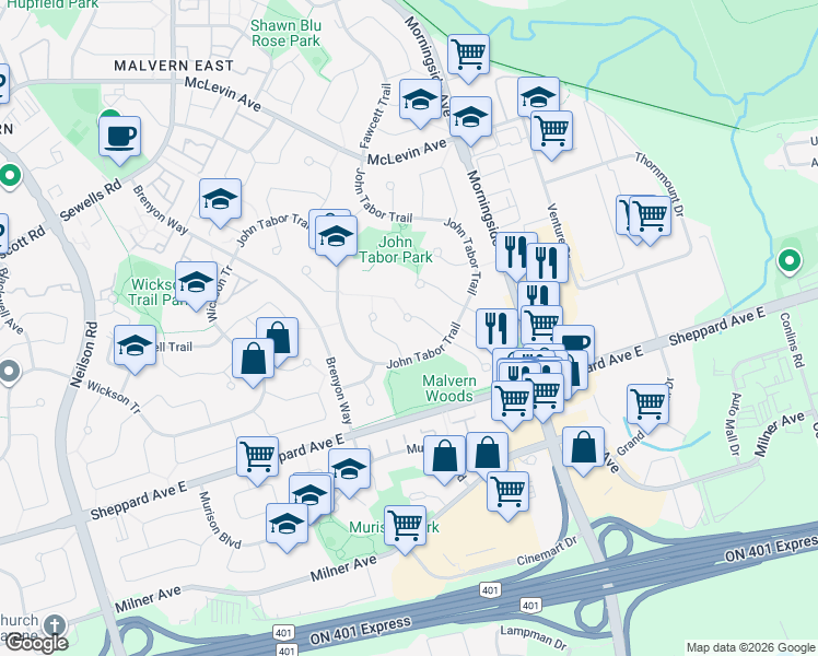 map of restaurants, bars, coffee shops, grocery stores, and more near 16 Camberley Court in Toronto