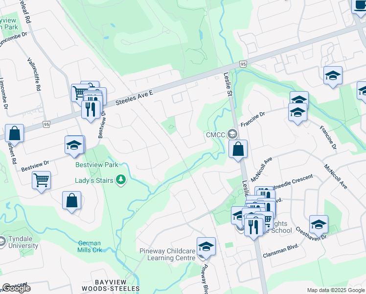 map of restaurants, bars, coffee shops, grocery stores, and more near 28 Saddletree Drive in Toronto