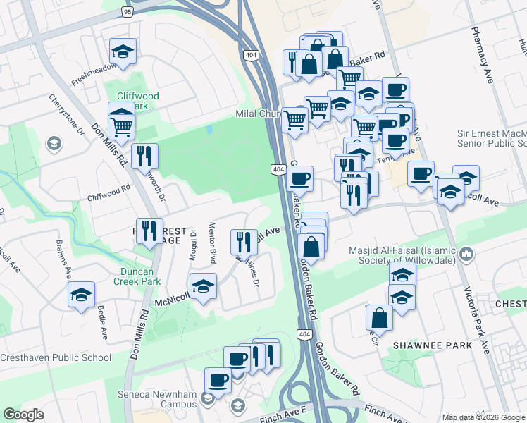 map of restaurants, bars, coffee shops, grocery stores, and more near 89 Picola Court in Toronto