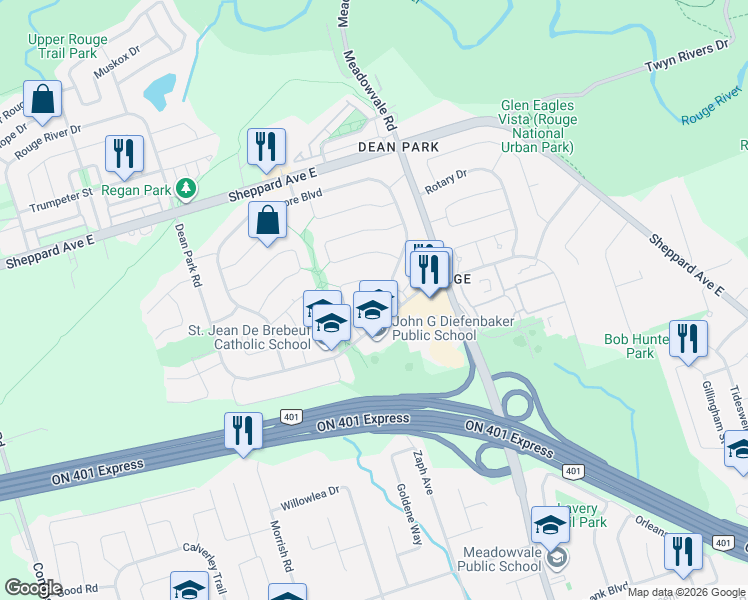 map of restaurants, bars, coffee shops, grocery stores, and more near 102 Red River Crescent in Toronto
