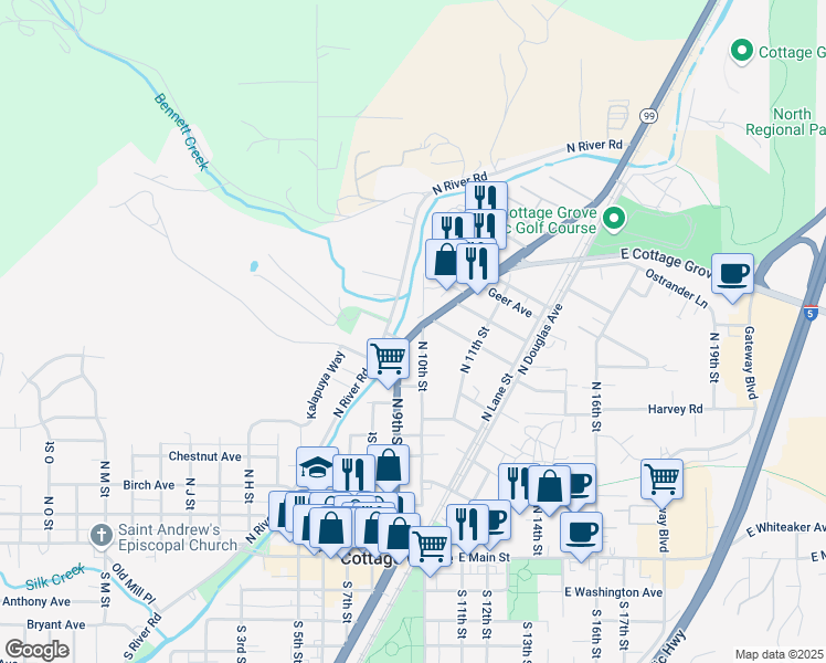 map of restaurants, bars, coffee shops, grocery stores, and more near 806 North Goshen-Divide Highway in Cottage Grove