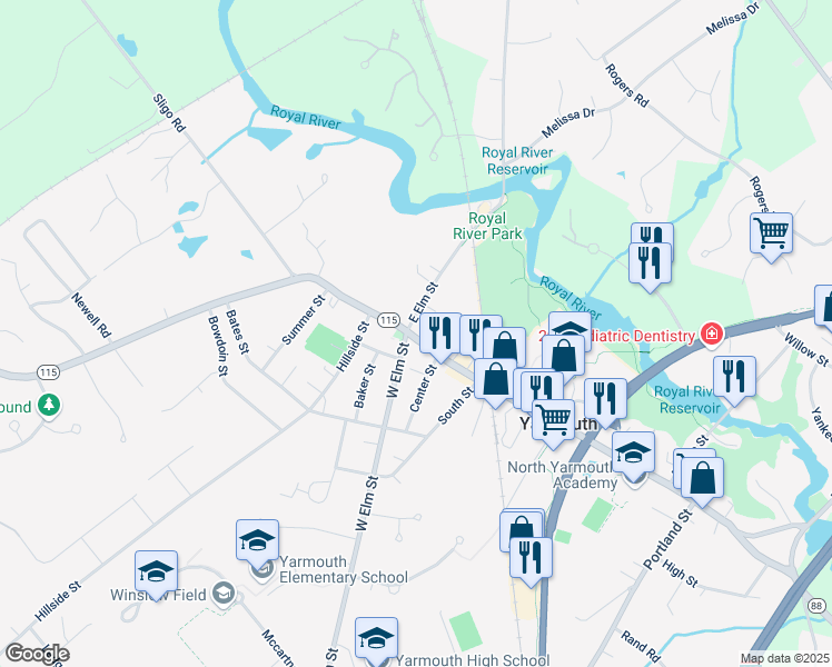 map of restaurants, bars, coffee shops, grocery stores, and more near 22 West Elm Street in Yarmouth