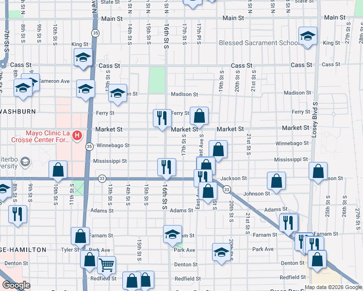 map of restaurants, bars, coffee shops, grocery stores, and more near 814 17th Street South in La Crosse