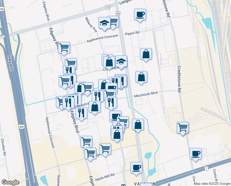 map of restaurants, bars, coffee shops, grocery stores, and more near 56 Pennsylvania Avenue in Vaughan
