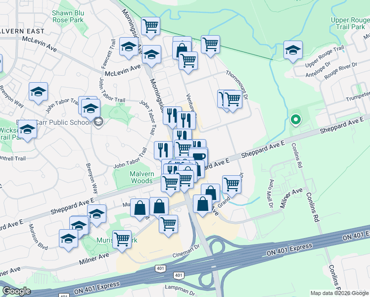 map of restaurants, bars, coffee shops, grocery stores, and more near 1275 Morningside Avenue in Toronto