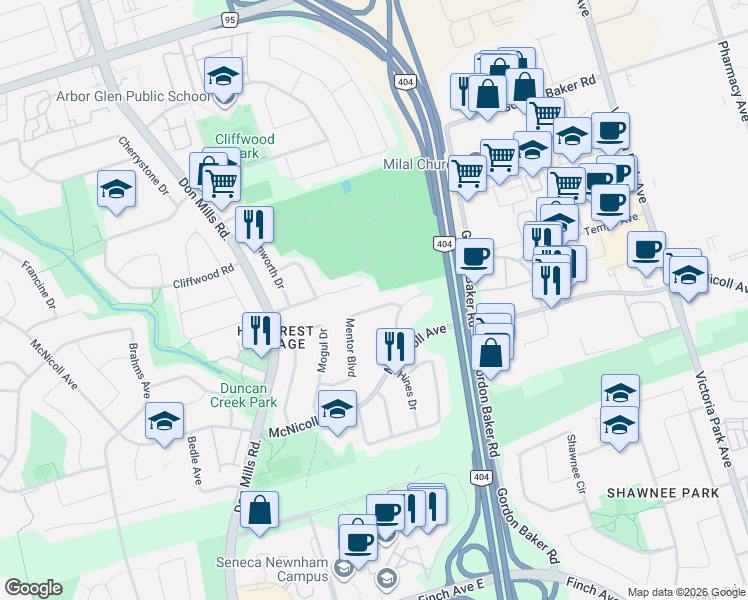 map of restaurants, bars, coffee shops, grocery stores, and more near 104 Mentor Boulevard in Toronto