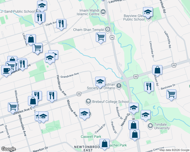 map of restaurants, bars, coffee shops, grocery stores, and more near 7 Elspeth Place in Markham