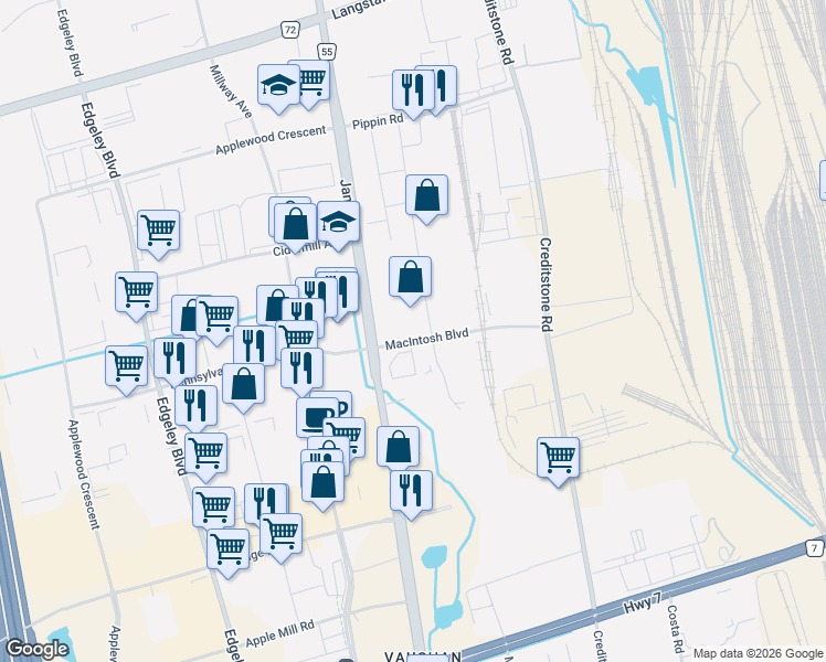 map of restaurants, bars, coffee shops, grocery stores, and more near 30 MacIntosh Boulevard in Vaughan
