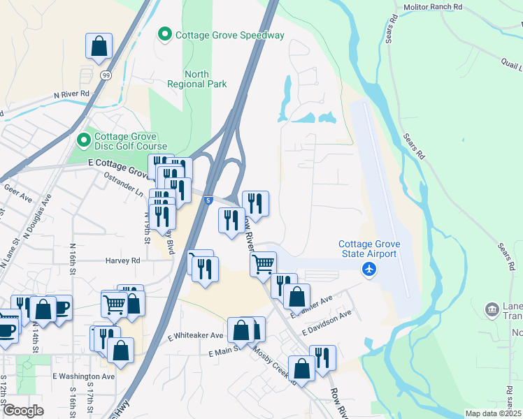 map of restaurants, bars, coffee shops, grocery stores, and more near 800 Row River Road in Cottage Grove