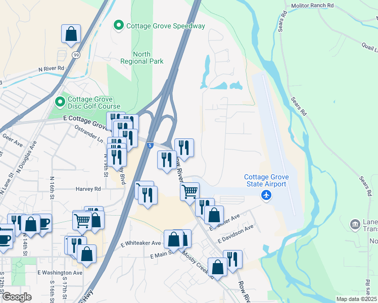 map of restaurants, bars, coffee shops, grocery stores, and more near 1515 Village Drive in Cottage Grove