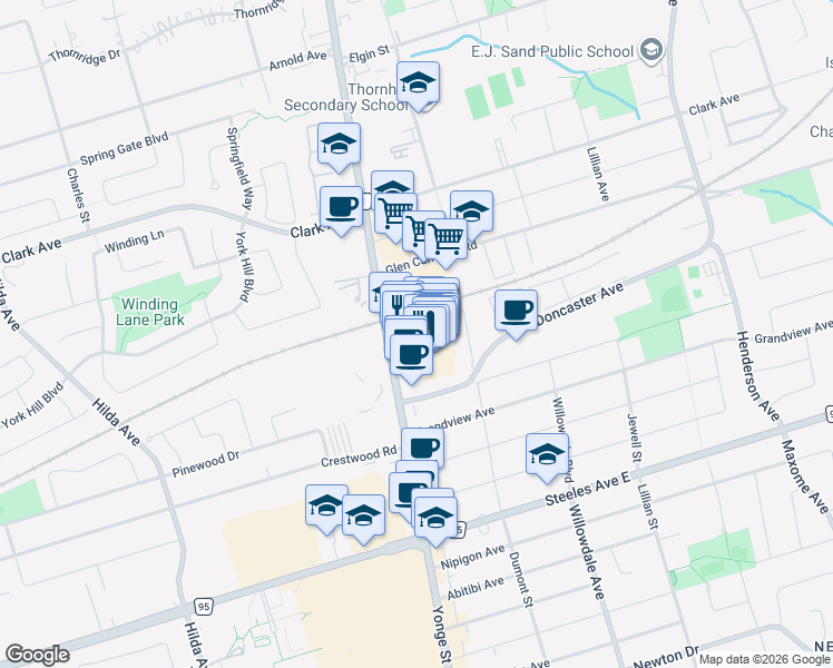 map of restaurants, bars, coffee shops, grocery stores, and more near 7167 Yonge Street in Markham