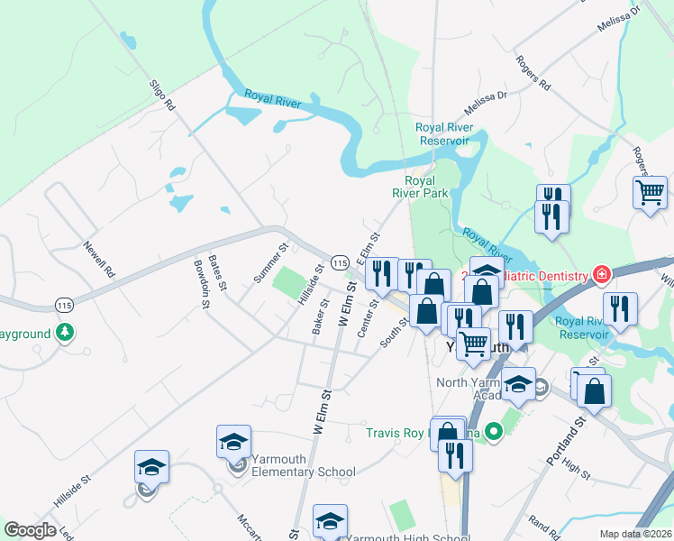 map of restaurants, bars, coffee shops, grocery stores, and more near 20 West Main Street in Yarmouth