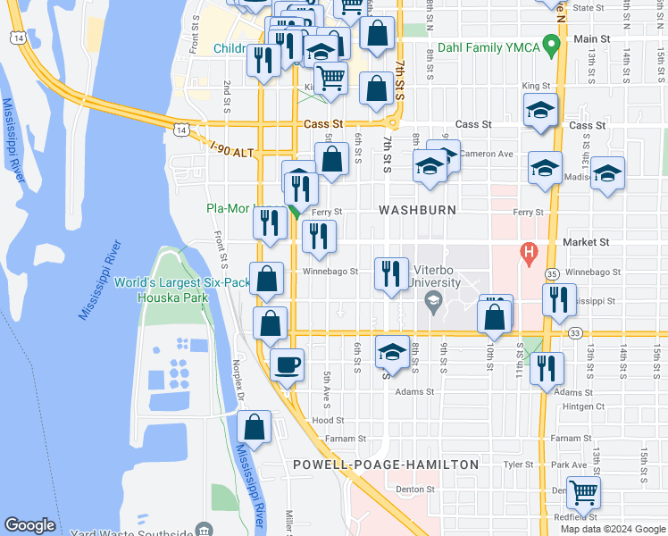 map of restaurants, bars, coffee shops, grocery stores, and more near 507 Winnebago Street in La Crosse