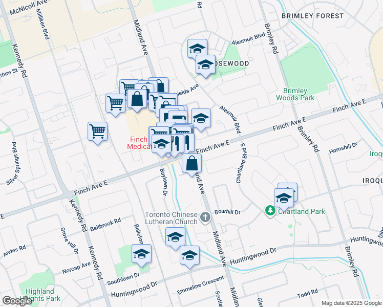 map of restaurants, bars, coffee shops, grocery stores, and more near Finch Ave E & Midland Ave in Toronto