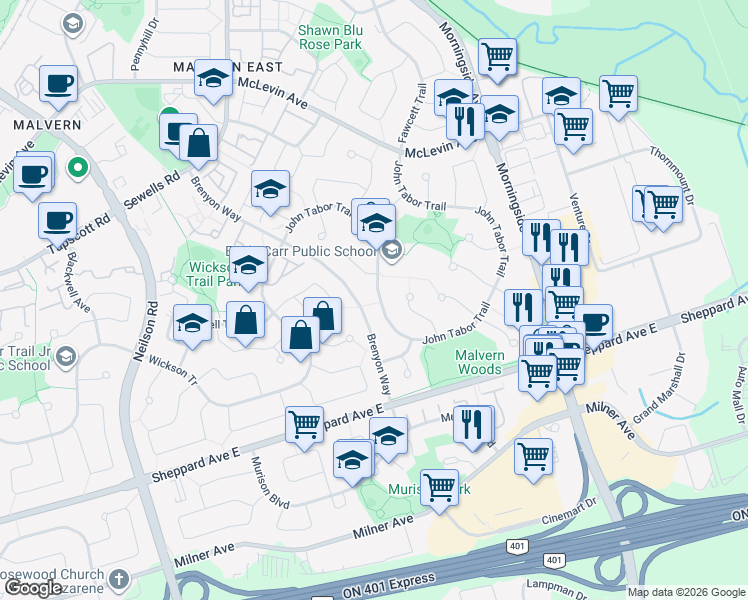 map of restaurants, bars, coffee shops, grocery stores, and more near 105 John Tabor Trail in Toronto