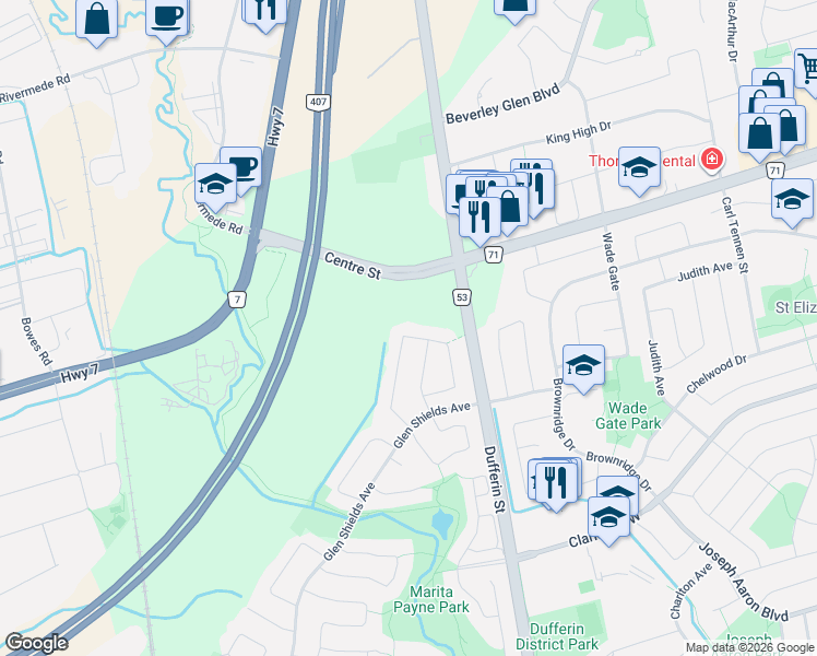 map of restaurants, bars, coffee shops, grocery stores, and more near 108 Anthony Lane in Vaughan