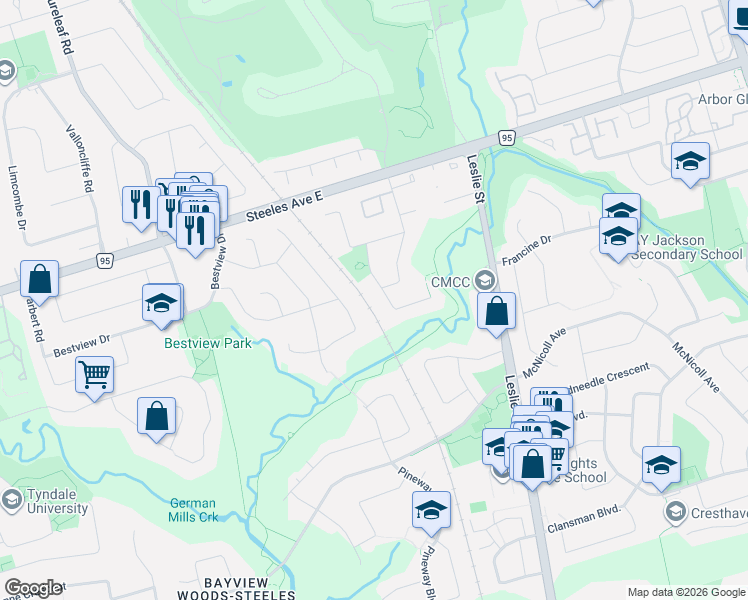 map of restaurants, bars, coffee shops, grocery stores, and more near 32 Saddletree Drive in Toronto