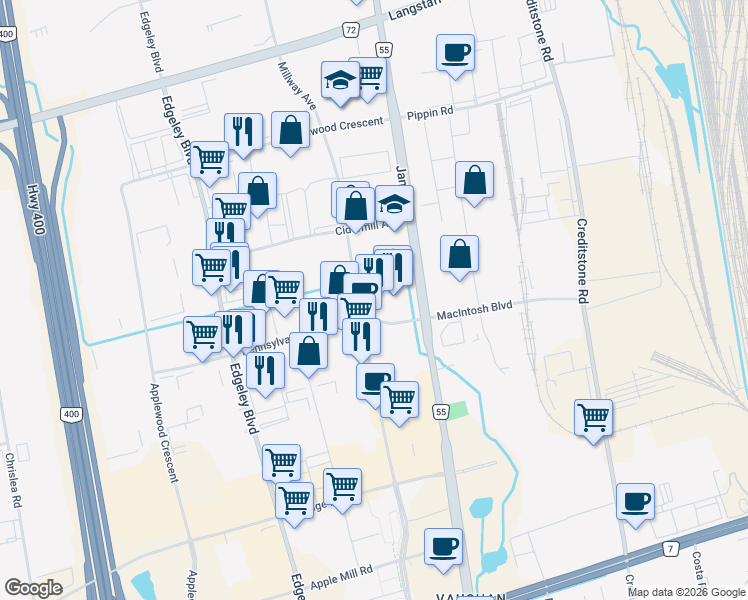 map of restaurants, bars, coffee shops, grocery stores, and more near 56 Pennsylvania Avenue in Vaughan
