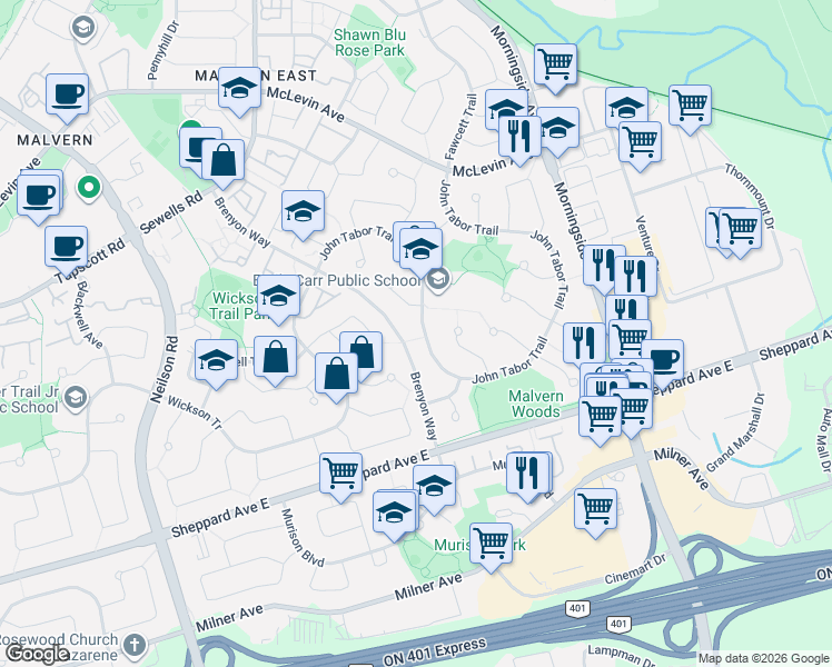 map of restaurants, bars, coffee shops, grocery stores, and more near 105 John Tabor Trail in Toronto