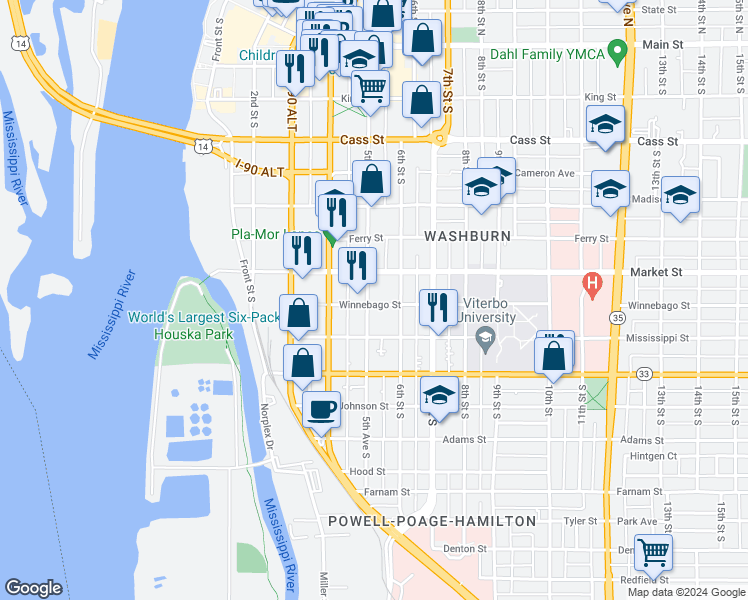 map of restaurants, bars, coffee shops, grocery stores, and more near 501 Winnebago Street in La Crosse