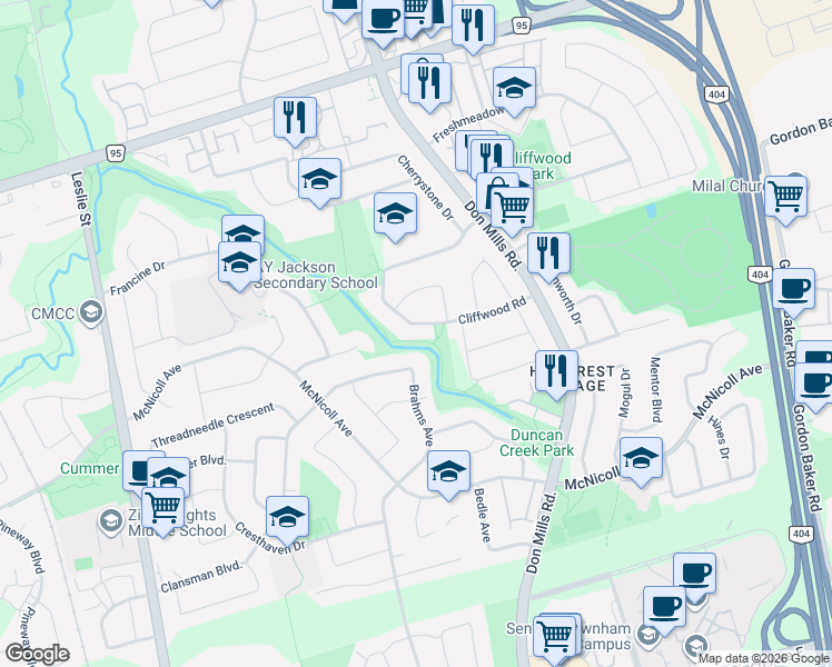map of restaurants, bars, coffee shops, grocery stores, and more near 54 Cliffwood Road in Toronto