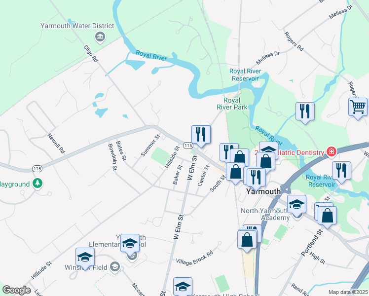 map of restaurants, bars, coffee shops, grocery stores, and more near 43 West Main Street in Yarmouth
