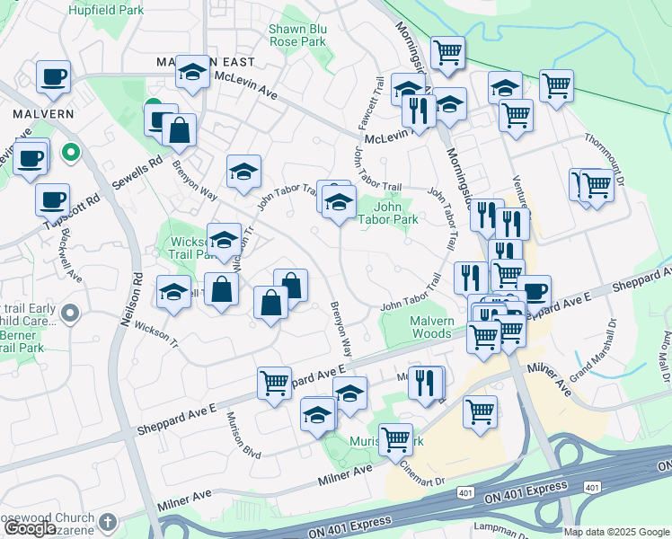 map of restaurants, bars, coffee shops, grocery stores, and more near in Toronto