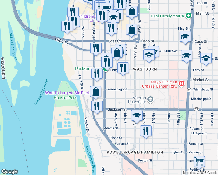map of restaurants, bars, coffee shops, grocery stores, and more near 420 Market Street in La Crosse