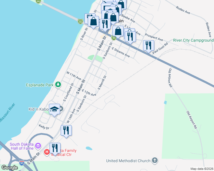 map of restaurants, bars, coffee shops, grocery stores, and more near 309 Riverview Avenue in Chamberlain