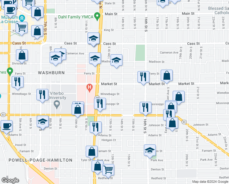 map of restaurants, bars, coffee shops, grocery stores, and more near 1311 Winnebago Street in La Crosse