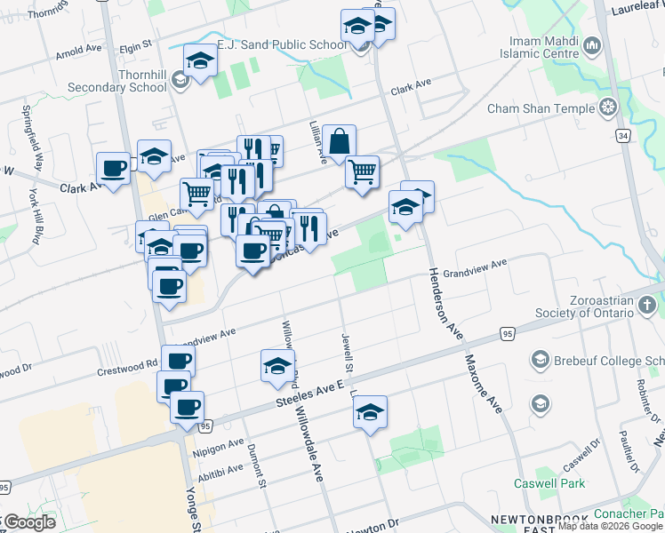 map of restaurants, bars, coffee shops, grocery stores, and more near 96 Meadowview Avenue in Markham