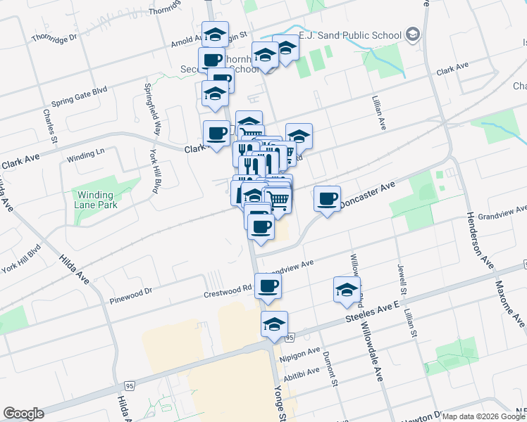 map of restaurants, bars, coffee shops, grocery stores, and more near 7167 Yonge Street in Markham