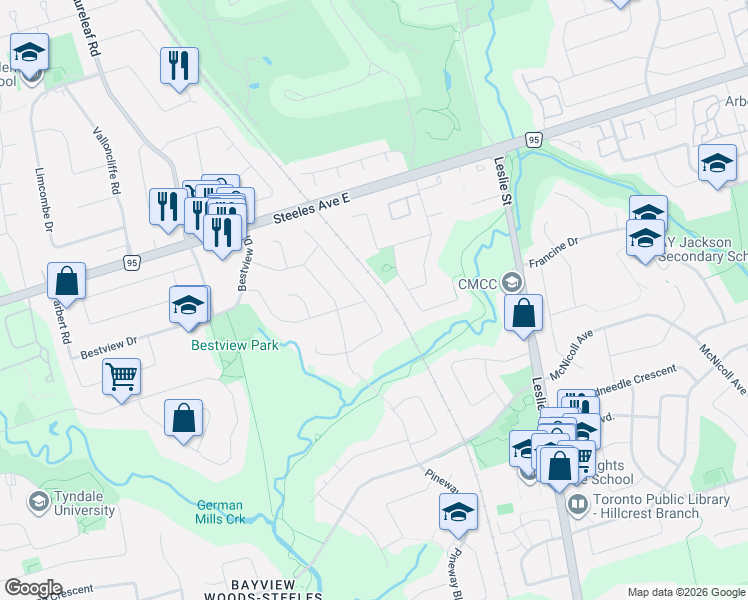 map of restaurants, bars, coffee shops, grocery stores, and more near 83 Mintwood Drive in Toronto