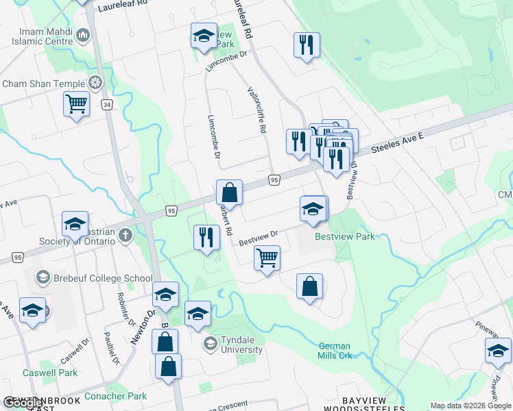 map of restaurants, bars, coffee shops, grocery stores, and more near 43 Covewood Street in Toronto